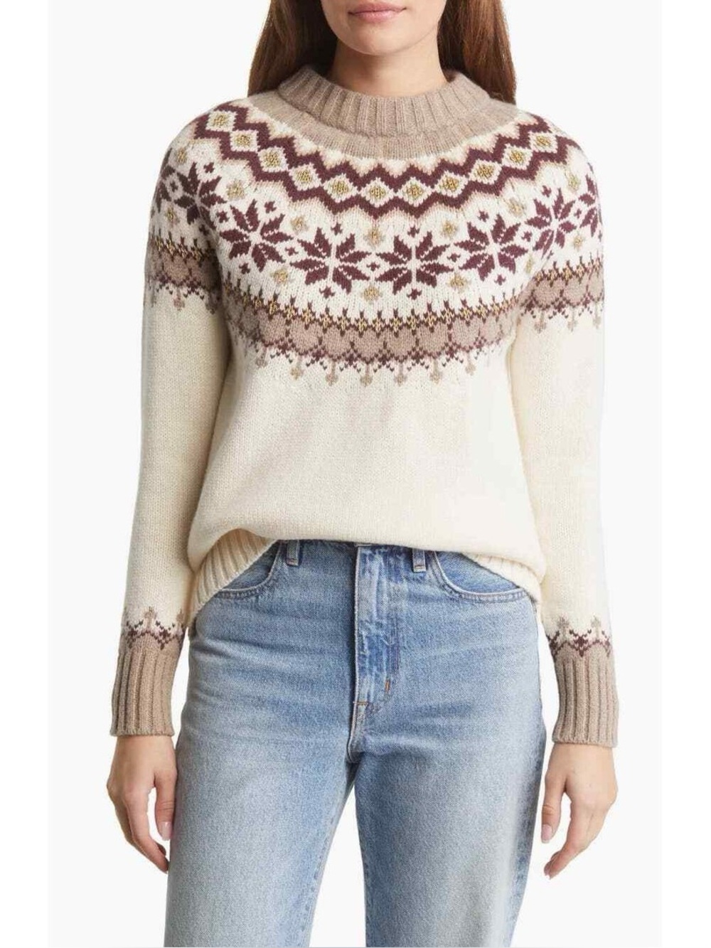 Boden Women's Fair Isle Wool Blend Metallic Yarn Sweater Warm Ivory 20/22